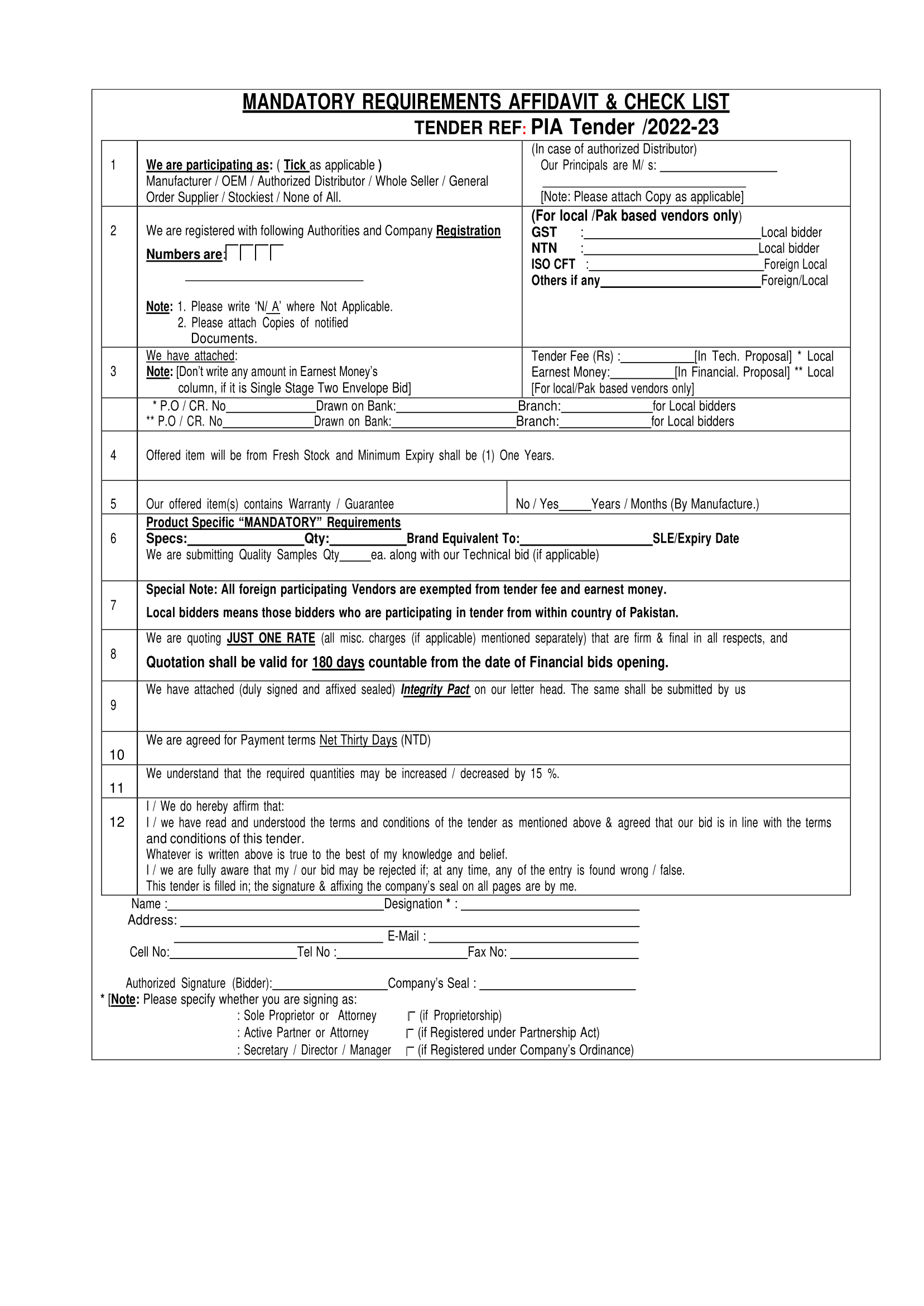 PIA Tenders Informative notification