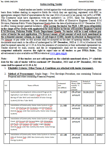 Pak PWD Tenders Informative Notification